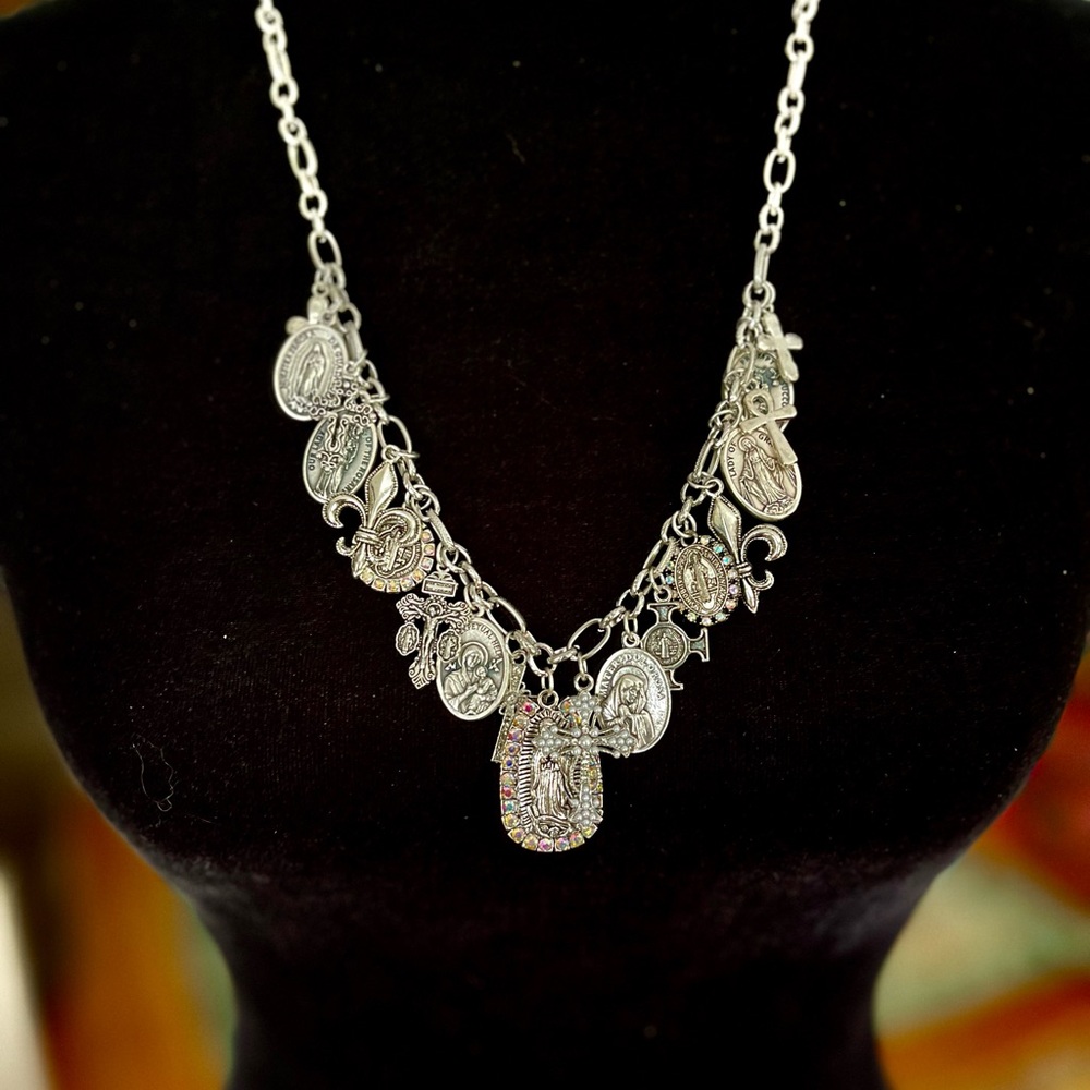 Guadalupe, Saints & Crosses Double Sided Antiqued Silver Tone Festoon Necklace